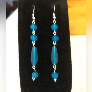 Handmade Sterling Silver - 925, Aqua Blue Cultured Sea Glass Earrings